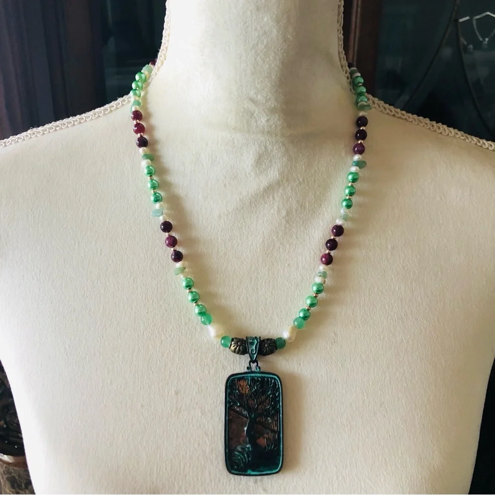 Handcrafted repurpose vintage tree pendant genuine stone pearl necklace
